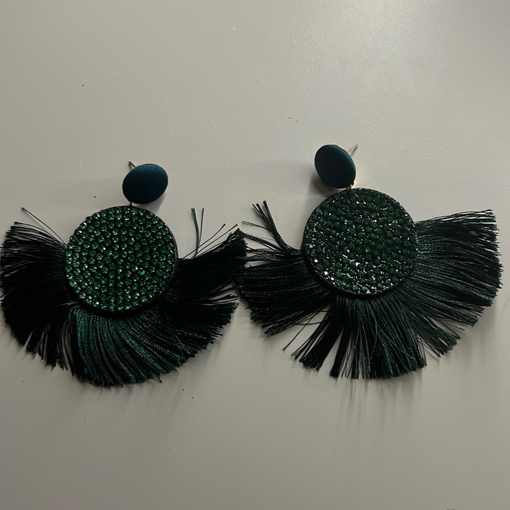 Green Rhinestone and Fringe Earrings